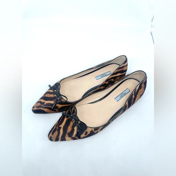 Prada Black Brown Leopard print calf hair Pointed toe ballet flats EU 39.5 - Picture 1 of 11